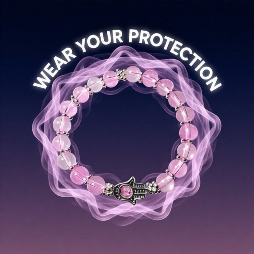 Sleek! Pink Hydrothermal Beads ~ Girlie Stretch Bracelet - Hamsa Hand & Love